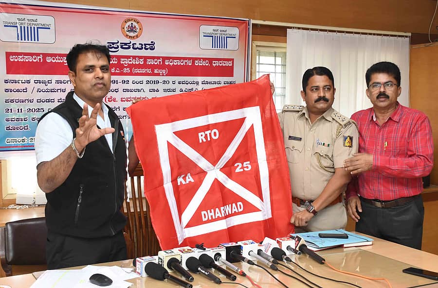 ಧಾರವಾಡದ ಸಾರಿಗೆ ಇಲಾಖೆ ಕಚೇರಿಯಲ್ಲಿ ಹೆಚ್ಚುವರಿ ಆಯುಕ್ತ ಕೆ.ಟಿ.ಹಾಲಸ್ವಾಮಿ ಅವರು ಪ್ರತಿಫಲನ ಬಟ್ಟೆ ಬಿಡುಗಡೆಗೊಳಿಸಿದರು