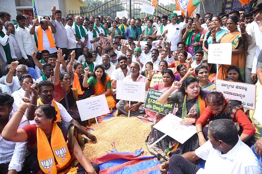 <div class="paragraphs"><p>‘ಬೆಳೆ ಹಾನಿಗಾಗಿ ರೈತರಿಗೆ ಸೂಕ್ತ ಪರಿಹಾರ ನೀಡಬೇಕು. ಬೆಂಬಲ ಬೆಲೆಯಡಿ ಮೆಕ್ಕೆಜೋಳ ಖರೀದಿಸಬೇಕು’ ಎಂದು ಆಗ್ರಹಿಸಿ ಹಾವೇರಿ ಜಿಲ್ಲಾಧಿಕಾರಿ ಕಚೇರಿ ಎದುರು ಶುಕ್ರವಾರ ಪ್ರತಿಭಟನೆ ನಡೆಸಿದ ಬಿಜೆಪಿ ಕಾರ್ಯಕರ್ತರು ಮೆಕ್ಕೆಜೋಳ ಪ್ರದರ್ಶಿಸಿದರು&nbsp;&nbsp;</p></div>
