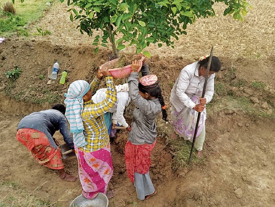 ಊರುಕುಂಟೆ ಮಿಟ್ಟೂರು ಗ್ರಾಮ ಪಂಚಾಯಿತಿ ವ್ಯಾಪ್ತಿಯಲ್ಲಿ ಕಾಲುವೆ ನಿರ್ಮಾಣ ನಿರತ ಮಹಿಳೆಯರು