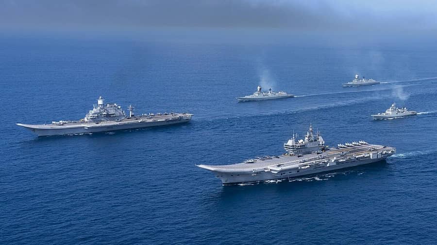 <div class="paragraphs"><p>ಅರಬ್ಬಿ ಸಮುದ್ರದಲ್ಲಿ ಜಂಟಿಯಾಗಿ ಸಂಚರಿಸುತ್ತಿರುವ ಭಾರತೀಯ ನೌಕಾಪಡೆಯ ಯುದ್ಧ ವಿಮಾನ ವಾಹಕ ನೌಕೆಗಳಾದ ಐಎನ್ಎಸ್ ವಿಕ್ರಮಾದಿತ್ಯ ಮತ್ತು ಐಎನ್ಎಸ್ ವಿಕ್ರಾಂತ್</p></div>