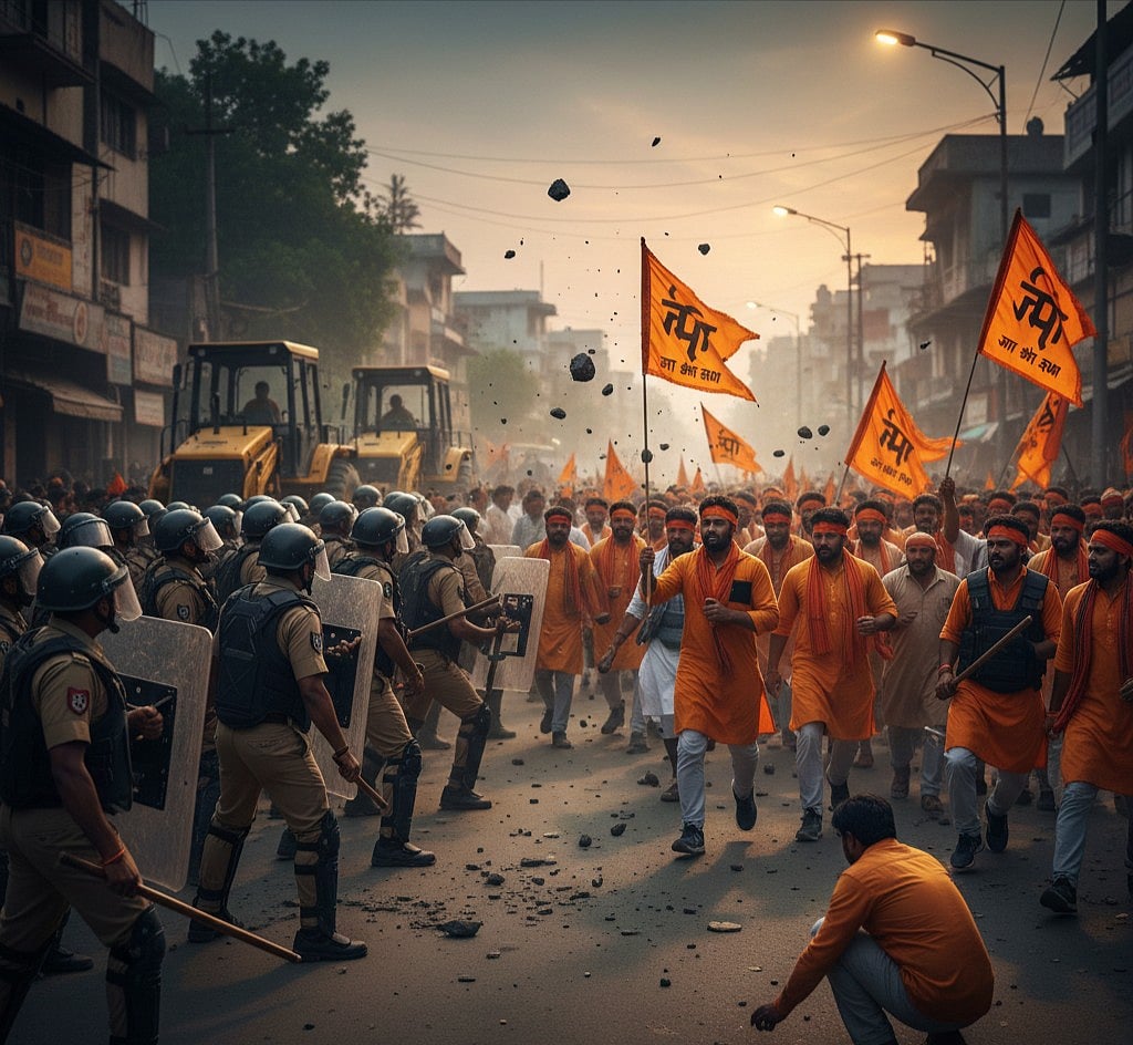 ಬಜರಂಗದಳ ಮೆರವಣಿಗೆ ವೇಳೆ ಕಲ್ಲು ತೂರಾಟ: ಬುಲ್ಡೋಜರ್‌ನೊಂದಿಗೆ ಬಂದ ಕಾರ್ಯಕರ್ತರು