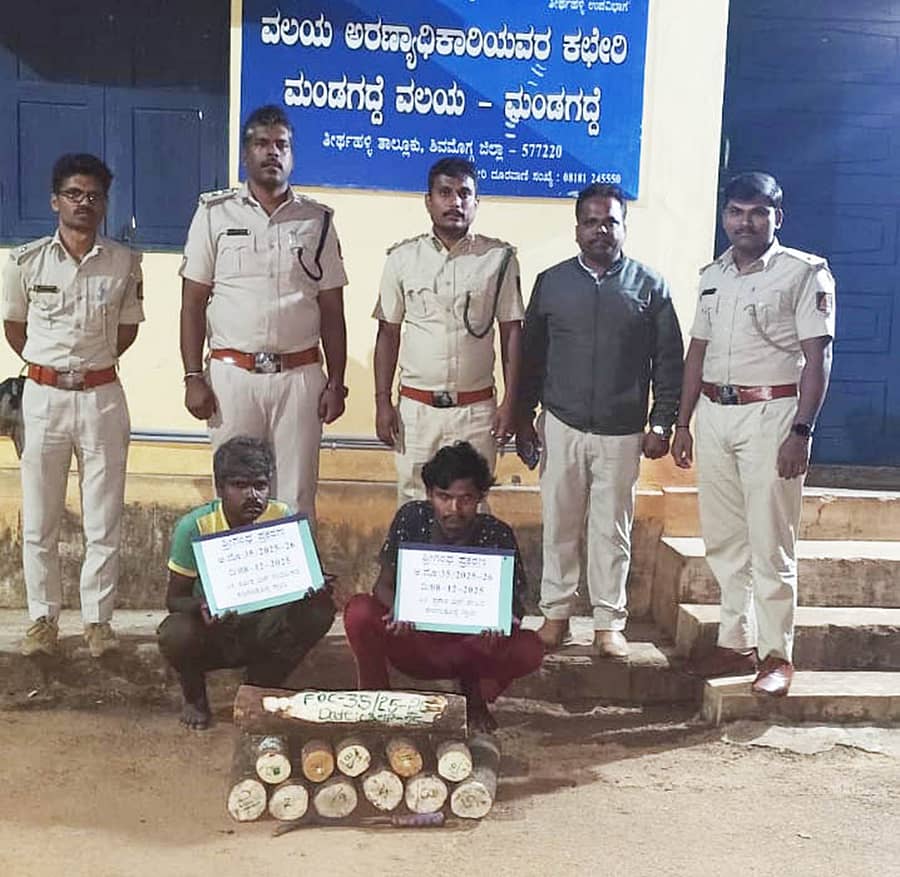<div class="paragraphs"><p>ತೀರ್ಥಹಳ್ಳಿಯಲ್ಲಿ ಅಕ್ರಮವಾಗಿ ಶ್ರೀಗಂಧ ಸಾಗಾಣೆಗೆ ಯತ್ನಿಸುತ್ತಿದ್ದ ಆರೋಪಿಗಳನ್ನು ಬಂಧಿಸಿದ ಅರಣ್ಯ ಇಲಾಖೆ</p></div>
