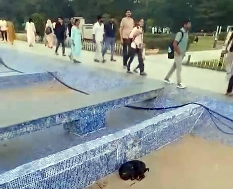 ಶ್ರೀರಂಗಪಟ್ಟಣದ ಪ್ರಸಿದ್ಧ ಪ್ರವಾಸಿ ತಾಣ ಕೆಆರ್ಎಸ್ ಬೃಂದಾವನದಲ್ಲಿ ರಾಧಾ ಕೃಷ್ಣ ಫಾಲ್ಸ್ ಜಿಂದು ಹರಿದು ಬರುತ್ತಿದ್ದ ನೀರು ನಿಂತುಹೋಗಿದ್ದು, ನೀರಿನ ತೊಟ್ಟಿಯಲ್ಲಿ ನಾಯಿ ಮಲಗಿರುವುದು