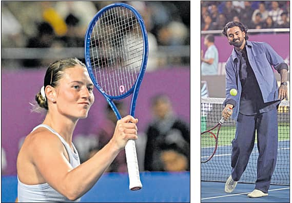 <div class="paragraphs"><p>ಗೆಲುವಿನ ಸಂಭ್ರಮದಲ್ಲಿ ಕೈಟ್ಸ್ ತಂಡದ ಪರ ಉಕ್ರೇನ್ನ ಮಾರ್ತಾ ಕೊಸ್ಟಿಯಕ್ (ಎಡ), ಭಾರತ ಕ್ರಿಕೆಟ್ ತಂಡದ ತಾರೆ ಕೆ.ಎಲ್. ರಾಹುಲ್ ಪಂದ್ಯಕ್ಕೆ ಚಾಲನೆ ನೀಡಿದರು (ಬಲ)</p></div>