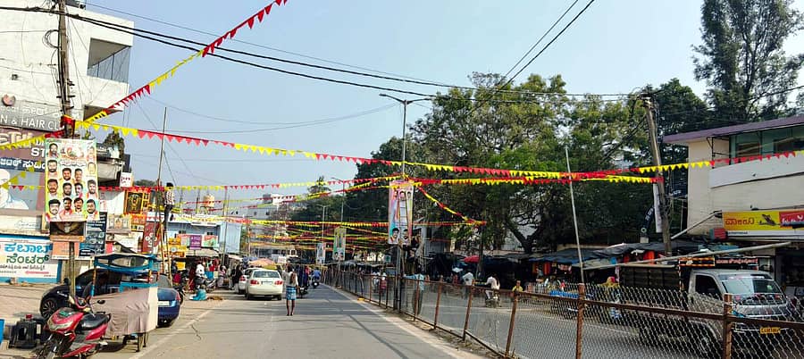 ರಾಮನಗರದಲ್ಲಿ ಸೋಮವಾರ ನಡೆಯುವ ರೇಷ್ಮೆನಾಡು ಕನ್ನಡ ಹಬ್ಬ ಕಾರ್ಯಕ್ರಮಕ್ಕೆ ರಾಮನಗರದ ರಸ್ತೆಗಳನ್ನು ಕನ್ನಡ ಬಾವುಟಗಳಿಂದ ಅಲಂಕಾರ ಮಾಡಿರುವುದು