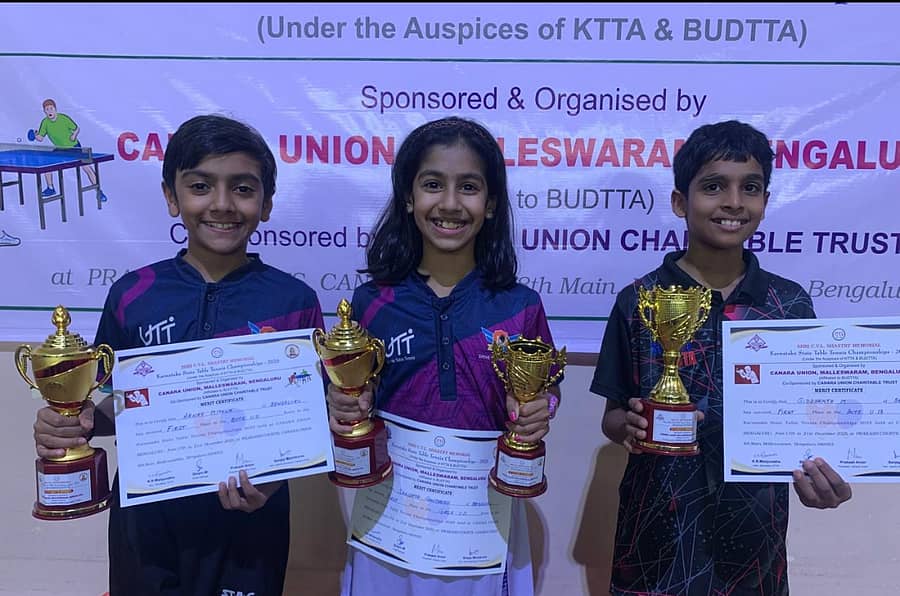 (ಎಡದಿಂದ) ಪ್ರಶಸ್ತಿಯೊಂದಿಗೆ ಅರ್ಣವ್ ಮಿಥುನ್, ಸಾಕ್ಷ್ಯಾ ಸಂತೋಷ್ ಹಾಗೂ ಸಿದ್ಧಾಂತ್ ಎಂ.