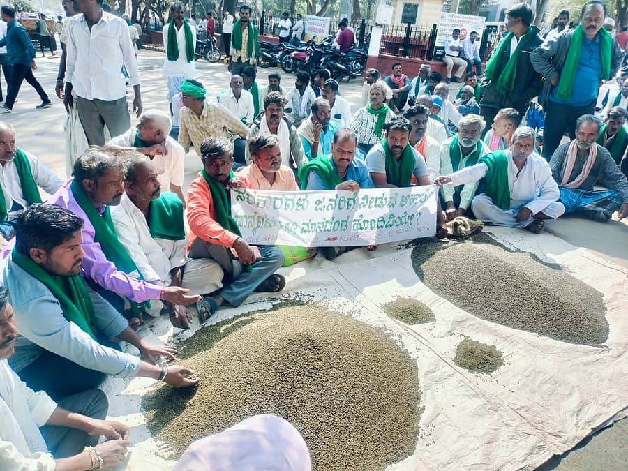 ಧಾರವಾಡದ ಜಿಲ್ಲಾಧಿಕಾರಿ ಕಚೇರಿ ಎದುರಿನ ರಸ್ತೆಯಲ್ಲಿ ಹೆಸರುಕಾಳು ಸುರಿದು ರೈತರು ಪ್ರತಿಭಟನೆ ನಡೆಸಿದರು