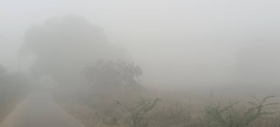 ಕೊಡಿಗೇನಹಳ್ಳಿ ಭಾಗದಲ್ಲಿ ಸೋಮವಾರ ಬೆಳಿಗ್ಗೆ 9 ಗಂಟೆಯಾದರೂ ಇಬ್ಬನಿಯಿಂದ ರಸ್ತೆ ಕಾಣದಂತಾಗಿದೆ