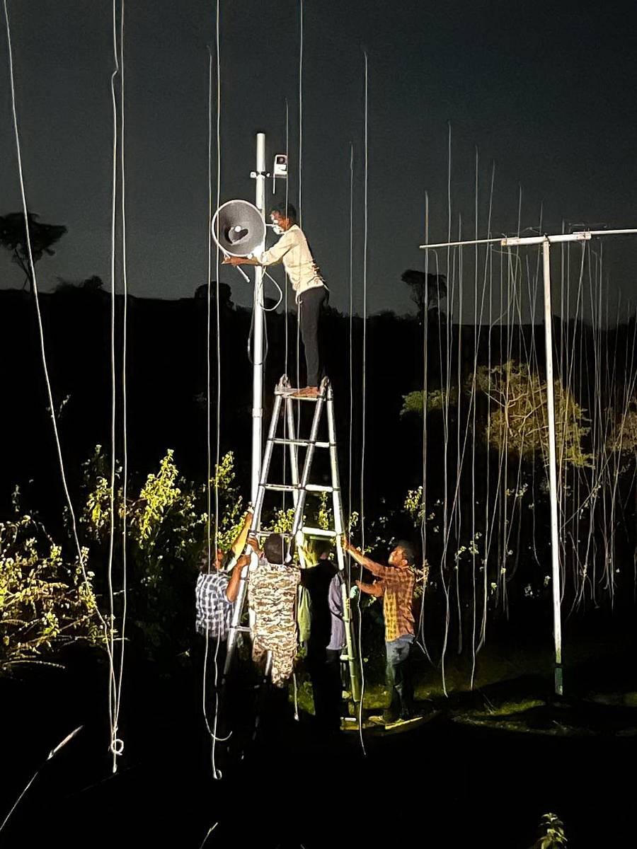 ಕಾಡಂಚಿನಲ್ಲಿ ಎಐ ಕ್ಯಾಮೆರಾ– ಸ್ಪೀಕರ್ ಅಳವಡಿಸುತ್ತಿರುವ ಅರಣ್ಯ ಇಲಾಖೆ ಸಿಬ್ಬಂದಿ