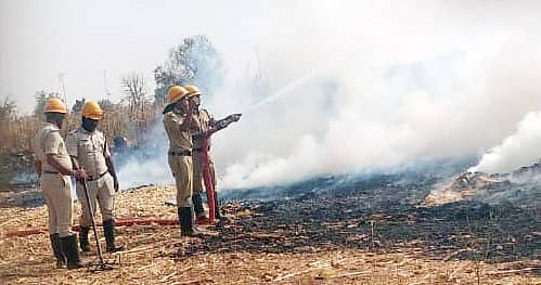ಹರಪನಹಳ್ಳಿ ತಾಲ್ಲೂಕಿನ ಮೆಳ್ಳೆಕಟ್ಟೆ ವ್ಯಾಪ್ತಿಯ ಜಮೀನಿನಲ್ಲಿ ಬಣವೆಗೆ ಹೊತ್ತಿದ್ದ ಬೆಂಕಿಯನ್ನು ಅಗ್ನಿಶಾಮಕದಳದ ಸಿಬ್ಬಂದಿ ನಂದಿಸಿದರು