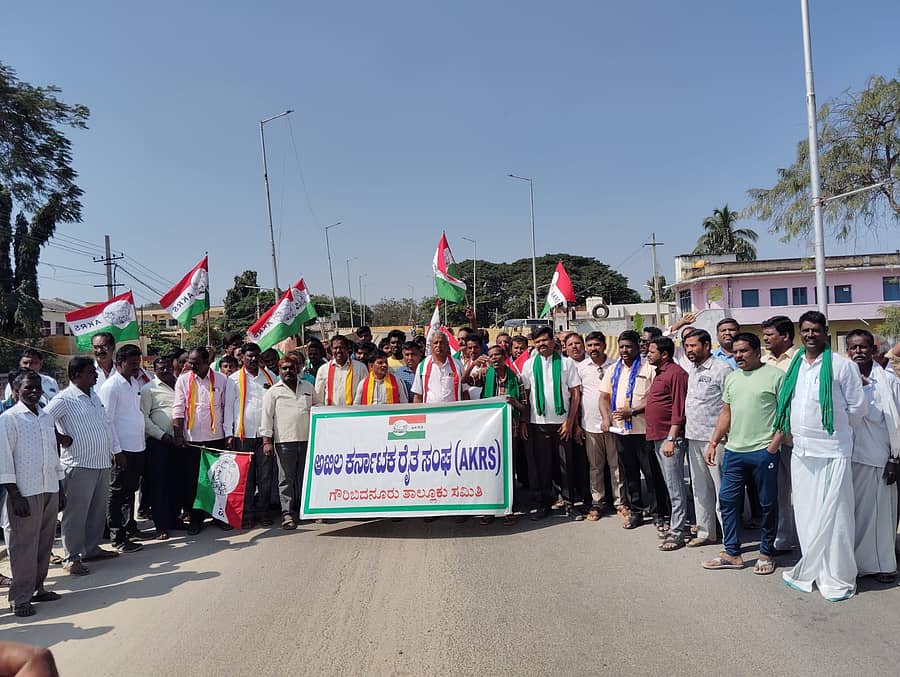 ಗೌರಿಬಿದನೂರು ನಗರದಲ್ಲಿ ಹಾದು ಹೋಗುವ ರಾಷ್ಟೀಯ ಹೆದ್ದಾರಿ ನಿಯಮಗಳನ್ವಯ ಅಭಿವೃದ್ಧಿಪಡಿಸಲು ಒತ್ತಾಯಿಸಿ ವಿವಿಧ ಸಂಘಟನೆಗಳ ಪದಾಧಿಕಾರಿಗಳು ಸೋಮವಾರ ನಗರದಲ್ಲಿ ಪ್ರತಿಭಟನೆ ನಡೆಸಿದರು