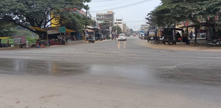 ಮೈಕೊರೆಯುವ ಚಳಿ ಹಾಗೂ ಜಿಟಿಜಿಟಿ ಮಳೆಯಿಂದ ಜನರು ಮನೆಯಿಂದ ಹೊರಬರಲು ಹಿಂದೇಟು ಹಾಕುತ್ತಿರುವುದರಿಂದ ರಸ್ತೆಗಳು ಬಣಗುಡುತ್ತಿರುವುದು 