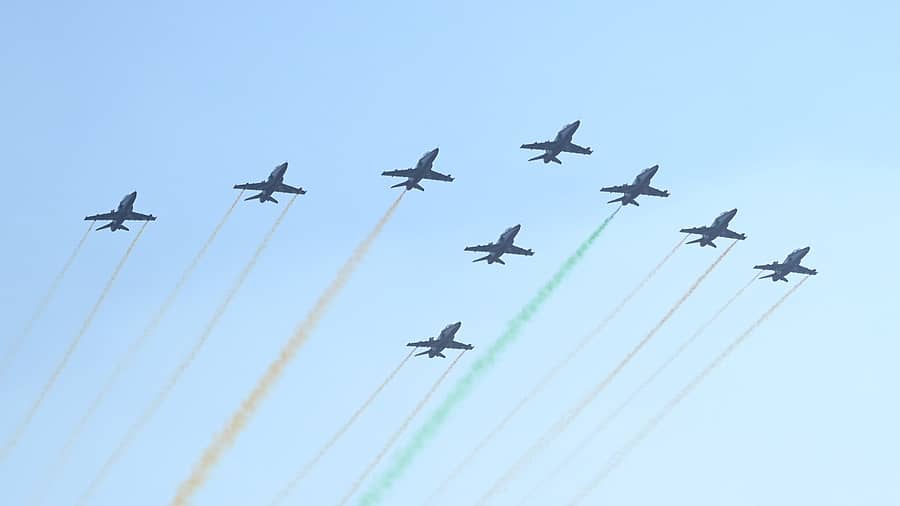 <div class="paragraphs"><p>ಸೂರ್ಯಕಿರಣ ವಿಮಾನಗಳ ವೈಮಾನಿಕ ಪ್ರದರ್ಶನ</p></div>