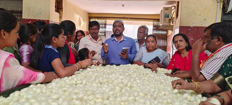 ಶಿಡ್ಲಘಟ್ಟದ ರೇಷ್ಮೆಗೂಡು ಮಾರುಕಟ್ಟೆಗೆ ಭೇಟಿ ನೀಡಿದ್ದ ಮಹಿಳಾ ರೈತರು ರೀಲರುಗಳು ಮತ್ತು ರೈತರಿಂದ ಮಾಹಿತಿ ಪಡೆದರು