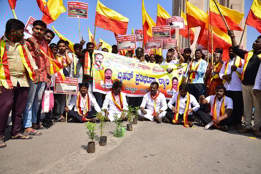 ಬಳ್ಳಾರಿ ನಗರದಲ್ಲಿನ ರಸ್ತೆ ಗುಂಡಿಗಳನ್ನು ಮುಚ್ಚುವಂತೆ ಆಗ್ರಹಿಸಿ ಕನ್ನಡ ಸಂಘನೆಯ ಕಾರ್ಯಕರ್ತರು ಗುರುವಾರ ಗಡಿಗಿ ಚೆನ್ನಪ್ಪ (ರಾಯಲ್‌) ವೃತ್ತದ ಬಳಿ ಗಿಡಗಳನ್ನಿಟ್ಟು ಪ್ರತಿಭಟನೆ ನಡೆಸಿದರು