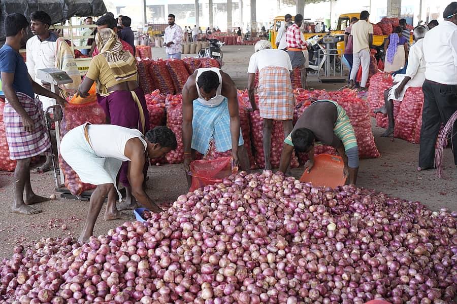 ರಾಯಚೂರಿನ ಕೃಷಿ ಉತ್ಪನ್ನ ಮಾರುಕಟ್ಟೆಯಲ್ಲಿ ಈರುಳ್ಳಿ ತಂದಿರುವ ರೈತರು / ಚಿತ್ರ: ಶ್ರೀನಿವಾಸ ಇನಾಂದಾರ್