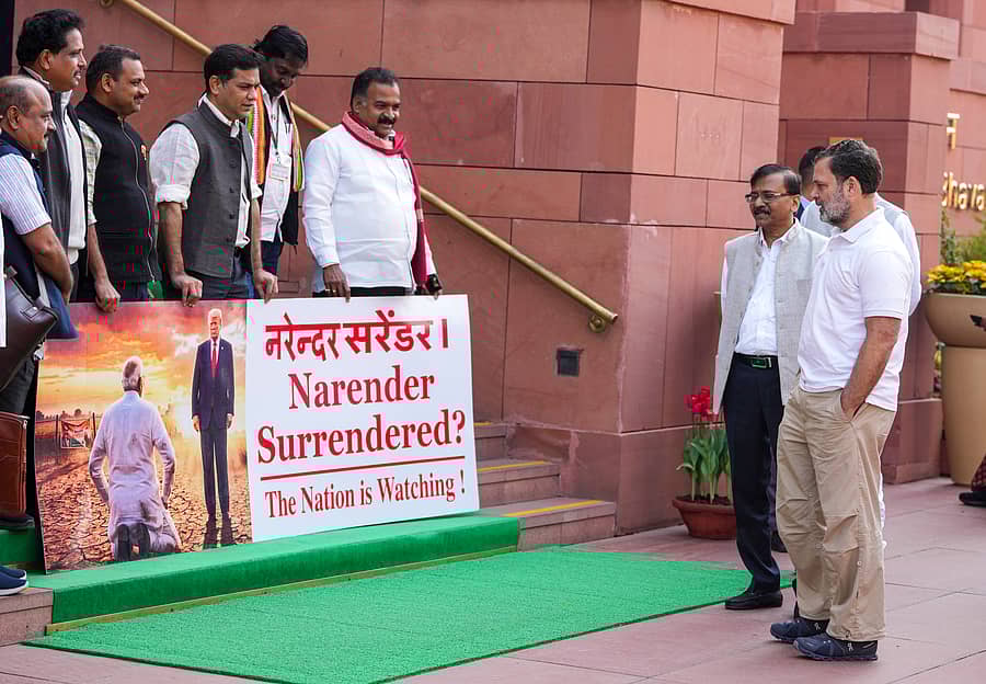 ಲೋಕಸಭೆಯಿಂದ ಅಮಾನತುಗೊಂಡ ಕಾಂಗ್ರೆಸ್‌ ಪಕ್ಷದ ಸಂಸದರು ಸಂಸತ್‌ ಭವನದ ಮುಂದೆ ಹಿಡಿದಿದ್ದ ಪೋಸ್ಟರ್‌ ಅನ್ನು ಲೋಕಸಭೆಯ ವಿರೋಧ ಪಕ್ಷದ ನಾಯಕ ರಾಹುಲ್‌ ಗಾಂಧಿ ಅವರು ಮಂಗಳವಾರ ವೀಕ್ಷಿಸಿದರು–ಪಿಟಿಐ ಚಿತ್ರ