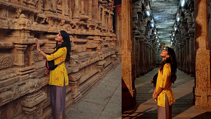 <div class="paragraphs"><p>ದೇವಾಲಯದ ಕಲಾಕೃತಿಯನ್ನು ವೀಕ್ಷಿಸಿದ ನಟಿ&nbsp;ಸಿಂಧೂ ಲೋಕನಾಥ್</p></div>