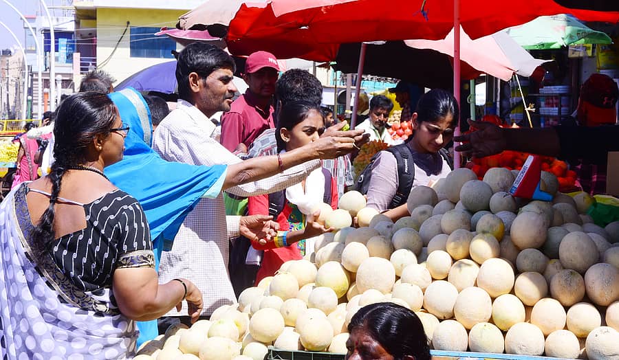 ಚಿತ್ರದುರ್ಗದ ಗಾಂಧಿ ವೃತ್ತದಲ್ಲಿ ಕರಬೂಜ ಖರೀದಿಸುತ್ತಿರುವ ಜನ