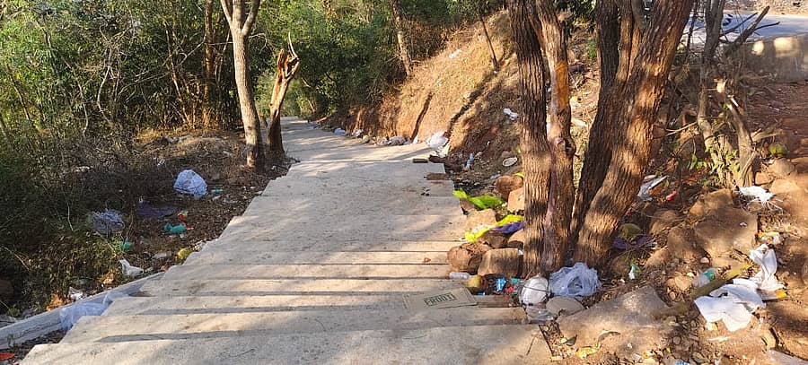 ಹನೂರು ತಾಲ್ಲೂಕಿನ ಮಲೆ ಮಹದೇಶ್ವರನ ದೇವಸ್ಥಾನಕ್ಕೆ ತೆರಳುವ ಪಾದಯಾತ್ರೆ ಮಾರ್ಗದಲ್ಲಿ ಬಿದ್ದಿರುವ ಪಾಸ್ಟಿಕ್ ಬಾಟೆಲ್ ಹಾಗೂ ಕವರ್‌ಗಳು