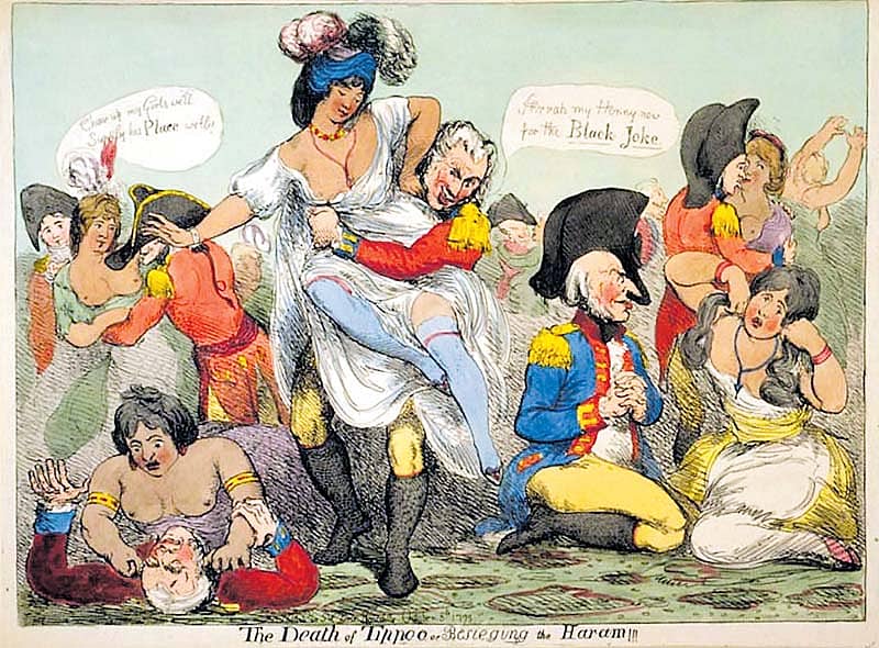 ಟಿಪ್ಪು ಸಾವಿನ ನಂತರ ಅಕ್ಟೋಬರ್, 1799ರಂದು ಪ್ರಕಟವಾದ ‘ದ ಡೆತ್ ಆಫ್ ಟಿಪ್ಪು ಆರ್ ಬಿಸೀಜಿಂಗ್ ದ ಹೇರಂ’ ವ್ಯಂಗ್ಯಚಿತ್ರ 	ಚಿತ್ರಕೃಪೆ:  	Library of Congress