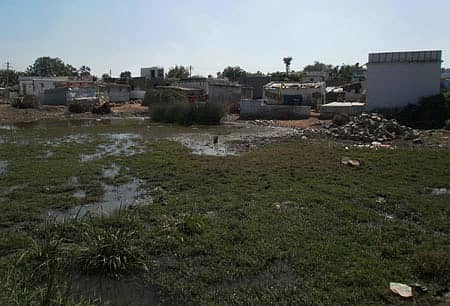 ಶಹಾಪುರ ತಾಲ್ಲೂಕಿನ ಶಾರದಹಳ್ಳಿ ಗ್ರಾಮದಲ್ಲಿ ಅಂತರ್ಜಲಮಟ್ಟ ಹೆಚ್ಚಳದಿಂದ ಮನೆ ಅಂಗಳದ ಮುಂದೆ ಜೌಗು ಹಿಡಿದಿರುವುದು