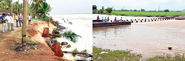 ಉಡುಪಿ ಜಿಲ್ಲೆ ಎರ್ಮಾಳು ತೆಂಕದಲ್ಲಿ ಕಡಲ್ಕೊರೆತದಿಂದ ಹಲವು ತೆಂಗಿನ ಮರಗಳು ಸಮುದ್ರ ಪಾಲಾಗಿವೆ (ಎಡಚಿತ್ರ), ಬೆಳಗಾವಿ ಜಿಲ್ಲೆಯ ಚಕ್ಕೋಡಿ ತಾಲ್ಲೂಕಿನಲ್ಲಿ ಶುಕ್ರವಾರ ವೇದಗಂಗಾ ನದಿ ಪ್ರವಾಹ ಜತ್ರಾಟ- ಭೀಮಶಿ ಸೇತುವೆ ಮೇಲೆ ನೀರು ಹರಿಯಿತು.