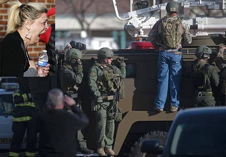 ಶೂಟ್‌ಔಟ್‌ ನಡೆದ ಅಮೆರಿಕದ ಕೊಲರಾಡೊದ ಅರಪಾವೊ ಹೈಸ್ಕೂ­ಲ್‌­ನ ಆವರಣದಲ್ಲಿ ಭದ್ರತಾ ಸಿಬ್ಬಂದಿ ತಪಾಸಣೆ ನಡೆಸಿದರು. ಘಟನೆಯಿಂದ ಗಾಬರಿಗೊಂಡ ಪಾಲಕಿ(ಒಳ ಚಿತ್ರ)	– ರಾಯಿಟರ್ಸ್‌ ಚಿತ್ರ