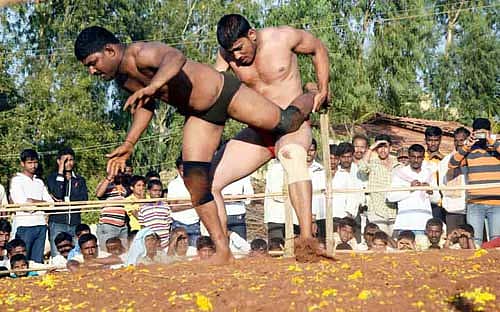 ಸಂಗೊಳ್ಳಿ ಗ್ರಾಮದಲ್ಲಿ ನಡೆದ ಕುಸ್ತಿ ಪಂದ್ಯದಲ್ಲಿ ಕಾದಾಡುತ್ತಿರುವ ಪೈಲ್ವಾನರು