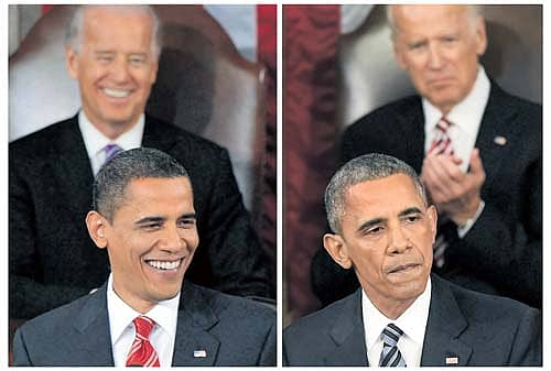 ಅಂದು... ಇಂದು... ಬರಾಕ್ ಒಬಾಮ ಅವರು 2010ರ ಜನವರಿ 27ರಂದು ಅಮೆರಿಕ ಅಧ್ಯಕ್ಷರಾಗಿ ವಾಷಿಂಗ್ಟನ್ನಲ್ಲಿ ಮೊದಲ ಬಾರಿಗೆ ಭಾಷಣ ಮಾಡಿದ ಕ್ಷಣ (ಎಡಚಿತ್ರ); 2016ರ ಜನವರಿ 12ರಂದು ತಮ್ಮ ಎರಡನೇ ಅಧ್ಯಕ್ಷೀಯ ಅವಧಿಯ ಕೊನೆಯ ಭಾಷಣ ಮಾಡಿದ ಒಬಾಮ. ಎರಡೂ ಚಿತ್ರದಲ್ಲಿ ಹಿಂಬದಿಯಲ್ಲಿ ಉಪಾಧ್ಯಕ್ಷ ಜೋ ಬಿಡೆನ್ ಅವರಿದ್ದಾರೆ ಎಎಫ್ಪಿ ಚಿತ್ರ