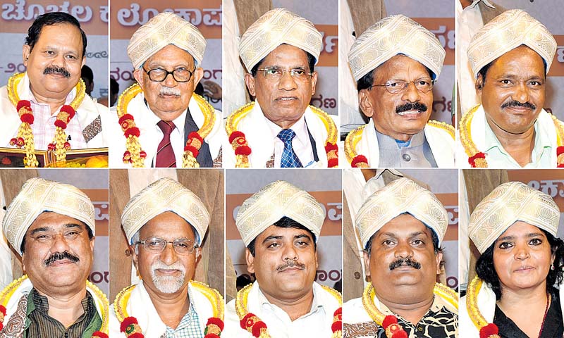 ವಿವಿಧ ಪ್ರಕಾರಗಳಲ್ಲಿ ಪ್ರಶಸ್ತಿ ಪುರಸ್ಕೃತರಾದ ಪ್ರಕಾಶ್‌ ಕಂಬತ್ತಳ್ಳಿ (ಮೇಲಿನ ಸಾಲಿನಲ್ಲಿ ಎಡದಿಂದ) ಪ್ರೊ.ಬಿ.ಶೇಖ ಅಲಿ, ಡಾ.ತೇಜಸ್ವಿ ಕಟ್ಟೀಮನಿ, ಡಾ.ಬಿ.ಟಿ.ರುದ್ರೇಶ್‌, ಬಸವರಾಜ ಸೂಳಿಭಾವಿ, ಡಿ.ಬಿ.ಮಲ್ಲಿಕಾರ್ಜುನ ಸ್ವಾಮಿ ಮಹಾಮಾನೆ, ಕಡಿದಾಳ್‌ ಪ್ರಕಾಶ್‌, ಗಿರೀಶ್‌ ಜಕಾಪುರೆ, ಮುರಳೀಧರ ವಿ.ರಾಠೋಡ್‌, ರಘು ಅಪಾರ, ಸುರೇಖಾ ಅವರಿಗೆ ಪ್ರಶಸ್ತಿ ನೀಡಿ ಸನ್ಮಾನಿಸಲಾಯಿತು  –ಪ್ರಜಾವಾಣಿ ಚಿತ್ರ