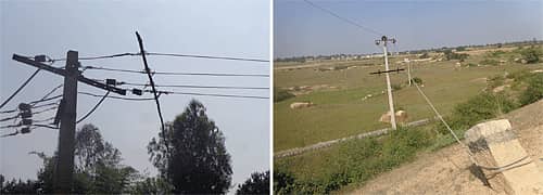 ಹೊನಗಾನಹಳ್ಳಿ ಗ್ರಾಮದ ಕೆರೆಕಟ್ಟೆ ಮೇಲಿರುವ ವಿದ್ಯುತ್ ಕಂಬದಲ್ಲಿ ಕೆಳಗೆ ಬೀಳುವ ಸ್ಥಿತಿಯಲ್ಲಿರುವ ವಿದ್ಯುತ್ ತಂತಿಗಳಿಗೆ ಕಟ್ಟಿದ ಕೋಲು (ಎಡಚಿತ್ರ). ತಾಲ್ಲೂಕು ದೇವರಾಯ ಸಮುದ್ರ ಕೆರೆಕಟ್ಟೆ ಸಮೀಪ ಇರುವ ವಾಲಿದ ವಿದ್ಯುತ್ ಕಂಬವನ್ನು ತಂತಿಯಿಂದ ಕಲ್ಲಿಗೆ ಕಟ್ಟಲಾಗಿದೆ.