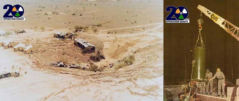 ಅಣ್ವಸ್ತ್ರ ಪರೀಕ್ಷೆಗಳ ನಂತರ ಉಂಟಾಗಿದ್ದ ಕುಳಿ (ಮೊದಲ ಚಿತ್ರ). ಪರೀಕ್ಷೆಗೆ ಅಣ್ವಸ್ತ್ರವನ್ನು ಅಣಿಗೊಳಿಸುತ್ತಿರುವುದು (ಕೇಂದ್ರ ಸಚಿವ ಪ್ರಕಾಶ್ ಜಾವಡೇಕರ್ ಅವರ ಟ್ವಿಟರ್ ಖಾತೆಯೆಂದ ತೆಗೆದುಕೊಂಡ ಚಿತ್ರಗಳು)