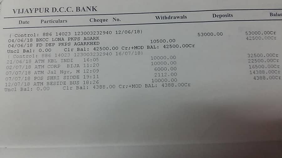 ಡಿಸಿಸಿ ಬ್ಯಾಂಕ್ನ ಷೇರುದಾರ ಸಾಲಗಾರರೊಬ್ಬರ ಖಾತೆಗೆ ಬೆಳೆಸಾಲ ಮಂಜೂರಾದ ದಿನದಂದೇ ಮುದ್ದತ್ತು ಠೇವಣಿಗಾಗಿ ₹ 10,500 ಕಡಿತ ಮಾಡಿರುವುದು