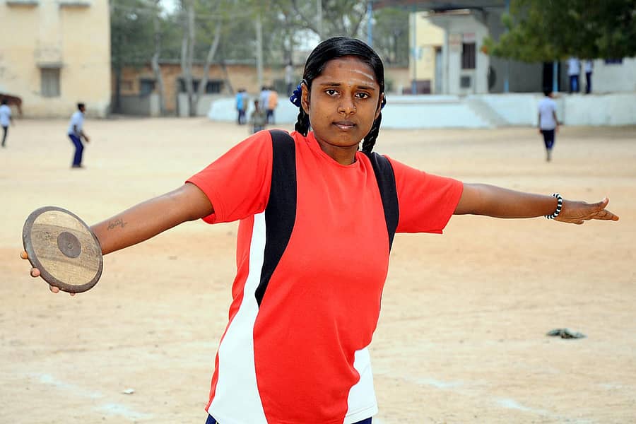 ಡಿಸ್ಕ್ ಎಸೆತದಲ್ಲಿ ನಿರತಳಾಗಿರುವ ಕೆ.ಅನ್ನಪೂರ್ಣ