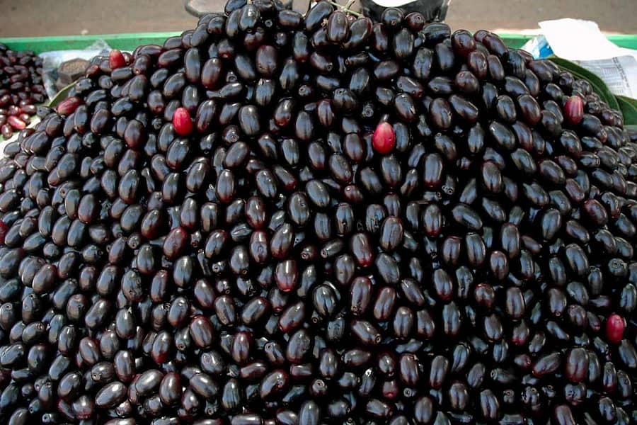 ಮಾರುಕಟ್ಟೆಯಲ್ಲಿ ರಾಶಿ ಹಾಕಲಾಗಿರುವ ಜಂಬು ನೇರಳೆ ಹಣ್ಣು.