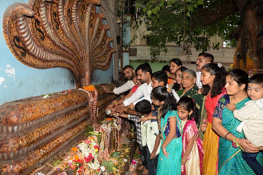 ದಾವಣಗೆರೆಯ ದುರ್ಗಾಂಬಿಕಾ ದೇವಸ್ಥಾನದ ಬಳಿಯಿರುವ ನಾಗ ಪ್ರತಿಮೆಗಳಿಗೆ ಹಾಲೆರೆಯುವ ಮೂಲಕ ಭಕ್ತರು ನಾಗರಪಂಚಮಿ ಆಚರಿಸಿದರು