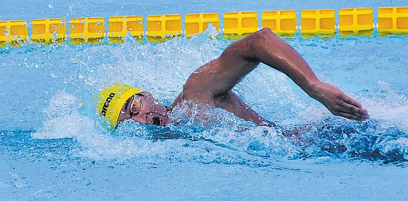  ಪುರುಷರ 400 ಮೀಟರ್ ಫ್ರೀಸ್ಟೈಲ್ ಸ್ಪರ್ಧೆಯಲ್ಲಿ ಭಾರತದ ಕುಶಾಗ್ರ ರಾವತ್ ಗುರಿಯತ್ತ ಮುನ್ನುಗ್ಗಿದ ರೀತಿ, ಪ್ರಜಾವಾಣಿ ಚಿತ್ರಗಳು/ ಇರ್ಷಾದ್‌ ಮಹಮ್ಮದ್‌