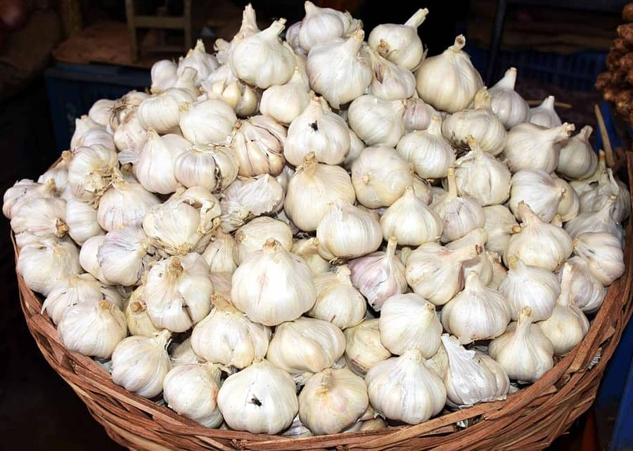 ಮಾರುಕಟ್ಟೆಯಲ್ಲಿ ಮಾರಾಟಕ್ಕೆ ಇಟ್ಟಿರುವ ಬೆಳ್ಳುಳ್ಳಿ 