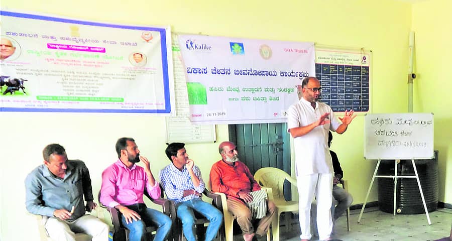 ಯಾದಗಿರಿ ತಾಲ್ಲೂಕಿನ ಬೆಳಗೇರಾ ಗ್ರಾಮದಲ್ಲಿ ಹಮ್ಮಿಕೊಂಡಿದ್ದ ಹಸಿರು ಮೇವು ಉತ್ಪಾದನೆ ಮತ್ತು ಪಶು ಆರೋಗ್ಯ ತರಬೇತಿ ಶಿಬಿರದಲ್ಲಿ ಡಾ.ಸುಶೃತ್ ಮಾತನಾಡಿದರು