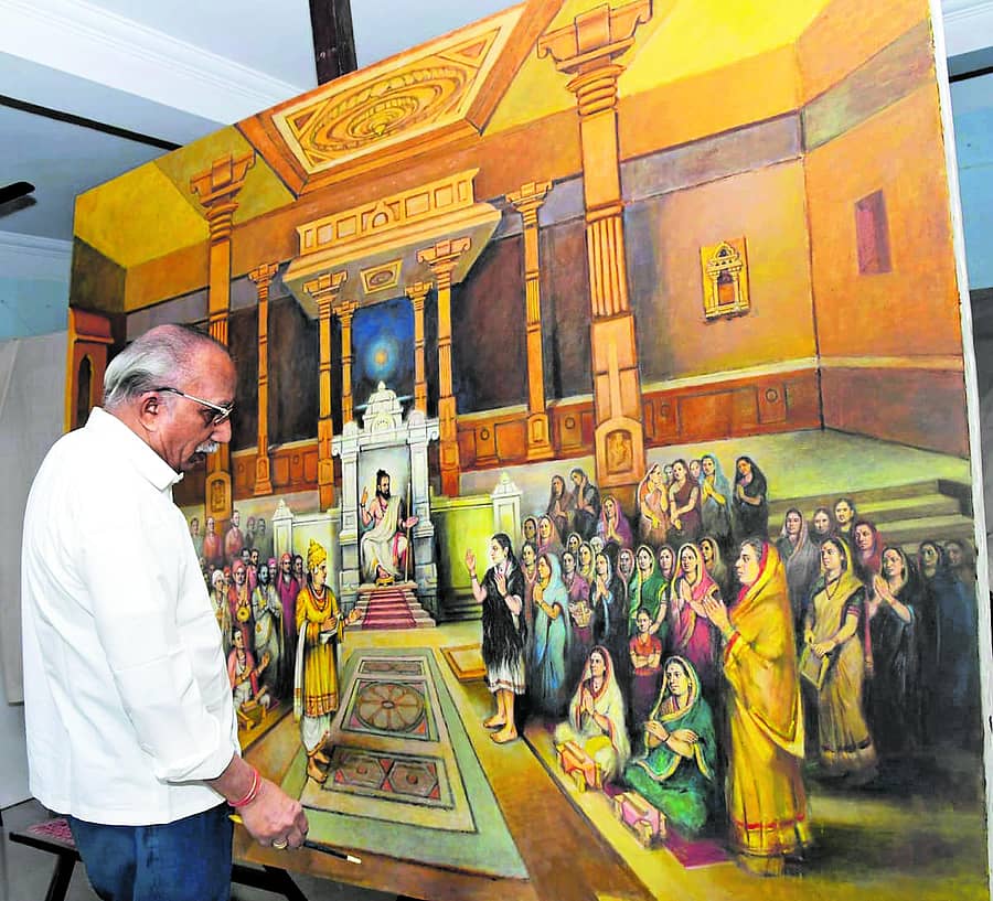 ಅನುಭವ ಮಂಟಪದ ಚಿತ್ರಕ್ಕೆ ಅಂತಿಮ ರೂಪ ನೀಡುತ್ತಿರುವ ಕಲಾವಿದ ಜೆ.ಎಸ್. ಖಂಡೇರಾವ್