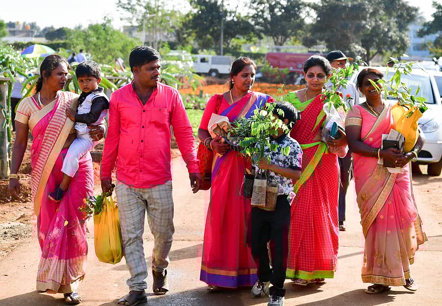 ಮೇಳದಿಂದ ಗಿಡ ಸಾಗಿಸುತ್ತಿರುವ ಮಹಿಳೆಯರು, ಮಕ್ಕಳು –ಪ್ರಜಾವಾಣಿ ಚಿತ್ರ