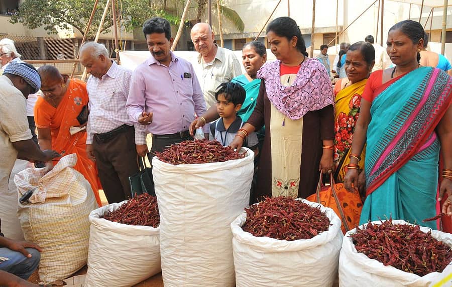 ಹುಬ್ಬಳ್ಳಿಯ ಮೂರುಸಾವಿರಮಠದ ಅವರಣದಲ್ಲಿ ಸೋಮವಾರ ಒಣ ಮೆಣಸಿನಕಾಯಿ ಖರೀದಿಸಿದ ಗ್ರಾಹಕರು - ಪ್ರಜಾವಾಣಿ ಚಿತ್ರ