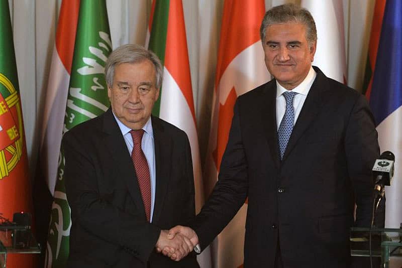 ವಿಶ್ವಸಂಸ್ಥೆಯ ಮಹಾ ಪ್ರಧಾನ ಕಾರ್ಯದರ್ಶಿ ಆಂಟೊನಿಯೊ ಗುಟೆರಸ್ ಭಾನುವಾರ ಪಾಕಿಸ್ತಾನದ ವಿದೇಶಾಂಗ ಸಚಿವ ಶಾ ಮಹಮೂದ್ ಖುರೇಶಿ ಜತೆ ಮಾತುಕತೆ ನಡೆಸಿದರು –ಎಎಫ್ಪಿ ಚಿತ್ರ