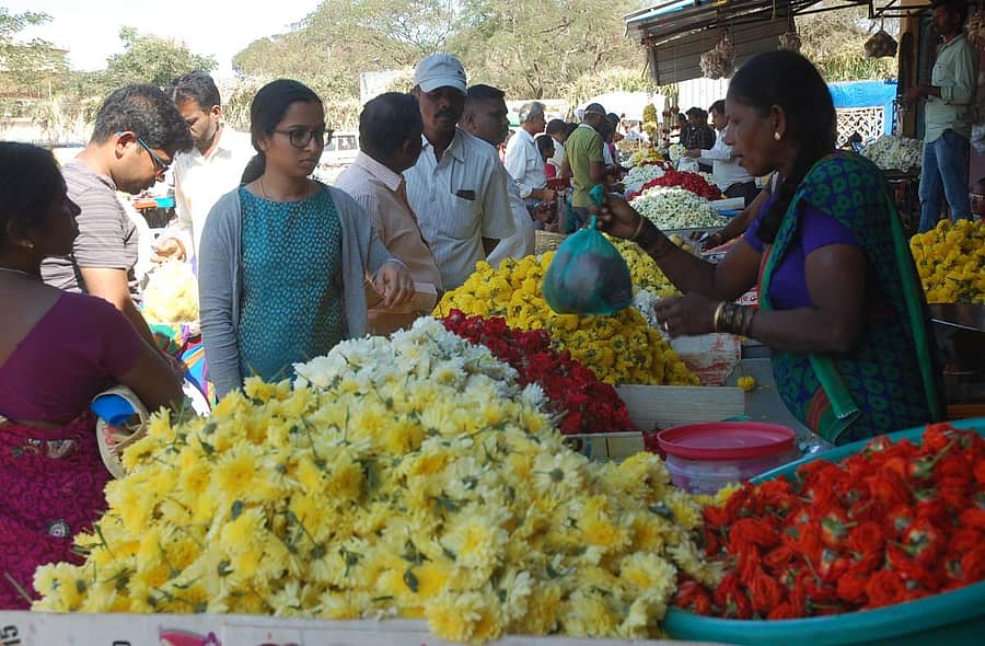 ಮಹಾ ಶಿವರಾತ್ರಿ ಹಬ್ಬದ ಹಿನ್ನೆಲೆಯಲ್ಲಿ ಕೋಲಾರದ ಹಳೆ ಬಸ್ ನಿಲ್ದಾಣದ ಹೂವಿನ ಮಾರುಕಟ್ಟೆಯಲ್ಲಿ ಗುರುವಾರ ವಹಿವಾಟು ಜೋರಾಗಿತ್ತು.