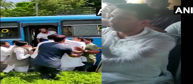 ಮಧ್ಯಪ್ರದೇಶದ ಕಾಂಗ್ರೆಸ್ ಮುಖಂಡ ಜಿತು ಪಟ್ವಾರಿ ಅವರನ್ನು ಪೊಲೀಸರು ವಶಕ್ಕೆ ತೆಗೆದುಕೊಂಡಿರುವುದು