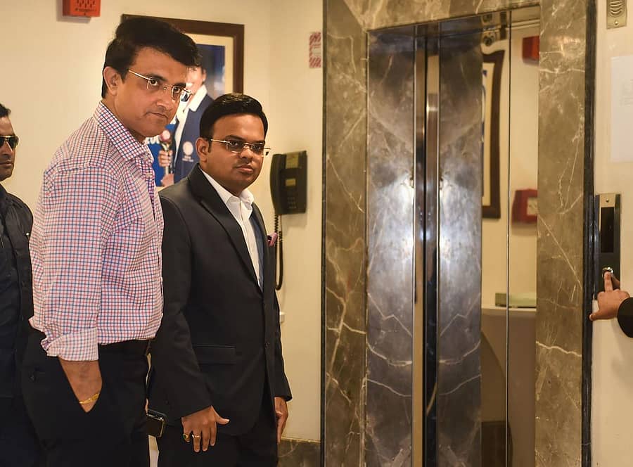 ಶನಿವಾರ ಬಿಸಿಸಿಐ ಸಭೆಗೆ ಬಂದಿದ್ದ ಅಧ್ಯಕ್ಷ ಸೌರವ್ ಗಂಗೂಲಿ (ಎಡ) ಮತ್ತು ಕಾರ್ಯದರ್ಶಿ ಜಯ್ ಶಾ –ಪಿಟಿಐ ಚಿತ್ರ