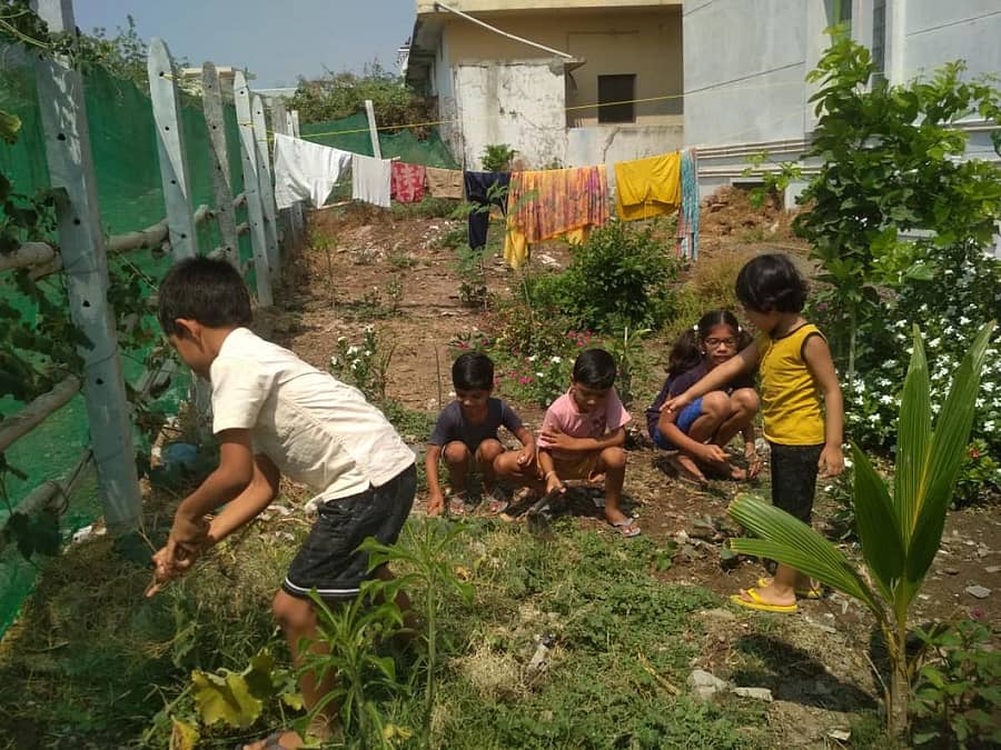 ಮನೆ ಮುಂದಿನ ಕೈತೋಟದ ಕೆಲಸದಲ್ಲಿ ನಿರತರಾಗಿರುವ ಮಕ್ಕಳು