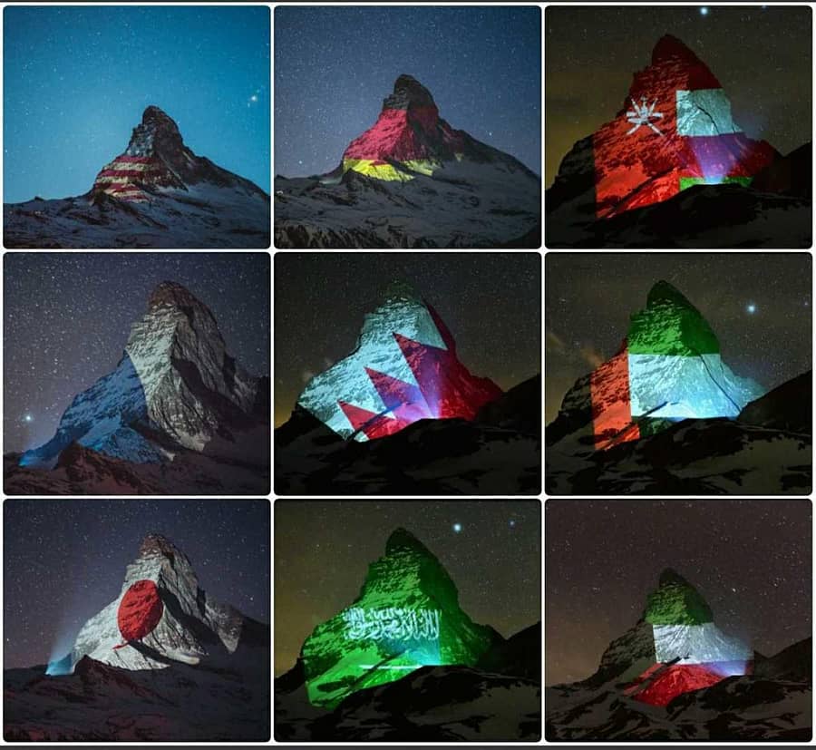 ಮೌಟರ್ಹಾರ್ನ್ ಪರ್ವತದ ಮೇಲೆ ಬೆಳಕಿನಲ್ಲಿ ಮೂಡಿರುವ ವಿವಿಧ ದೇಶಗಳ ರಾಷ್ಟ್ರಧ್ವಜನಗಳು