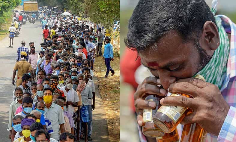 ತಮಿಳುನಾಡಿನಲ್ಲಿ ಮದ್ಯದಂಗಡಿಗಳ ಎದುರು ಜನಸಂದಣಿ (ಎಡಚಿತ್ರ). ಮದ್ಯದ ಬಾಟಲಿಗೆ ಪ್ರೀತಿಯ ಮುತ್ತು..